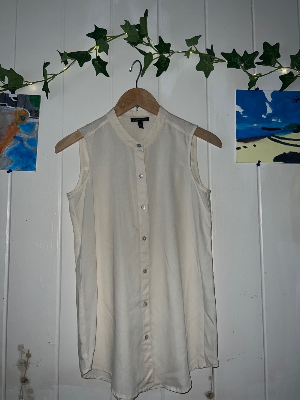 Eileen Fisher Sleeveless Cream Button-Down Tunic